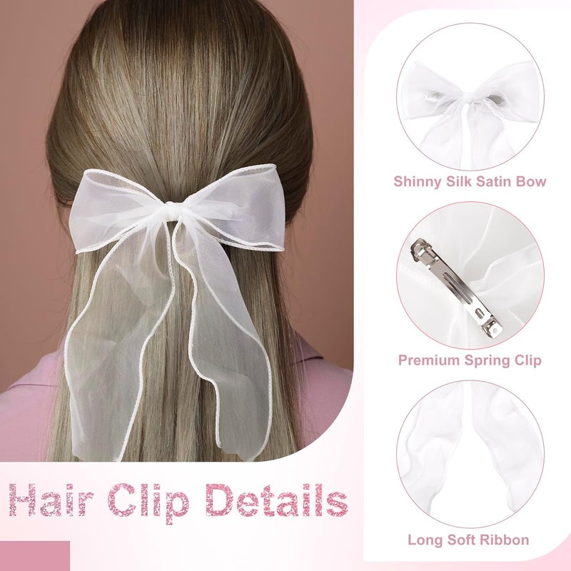 STSTR 2Pcs Large Hair Bow Clips, White Silk Yarn Ribbon Bow Hair Barrette for Women, Elegant Long Tail Bowknot French Hair Accessories for Wedding, Parties, Festivals - Style 4 - Image 4